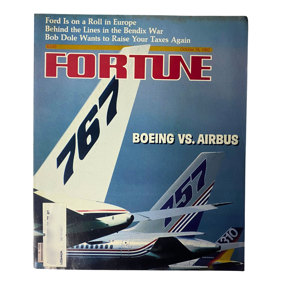 Fortune Magazine cover from October 18, 1982, featuring Boeing's 767 and Airbus A310, highlighting the competition in the aviation industry.