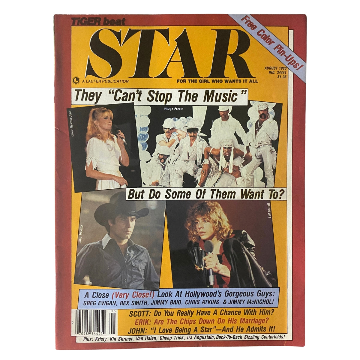 Tiger Beat Star Magazine August 1980 featuring Olivia Newton-John and the Village People on the cover. The magazine highlights the famous disco culture of the era with vibrant colors and enticing headlines about classic stars.