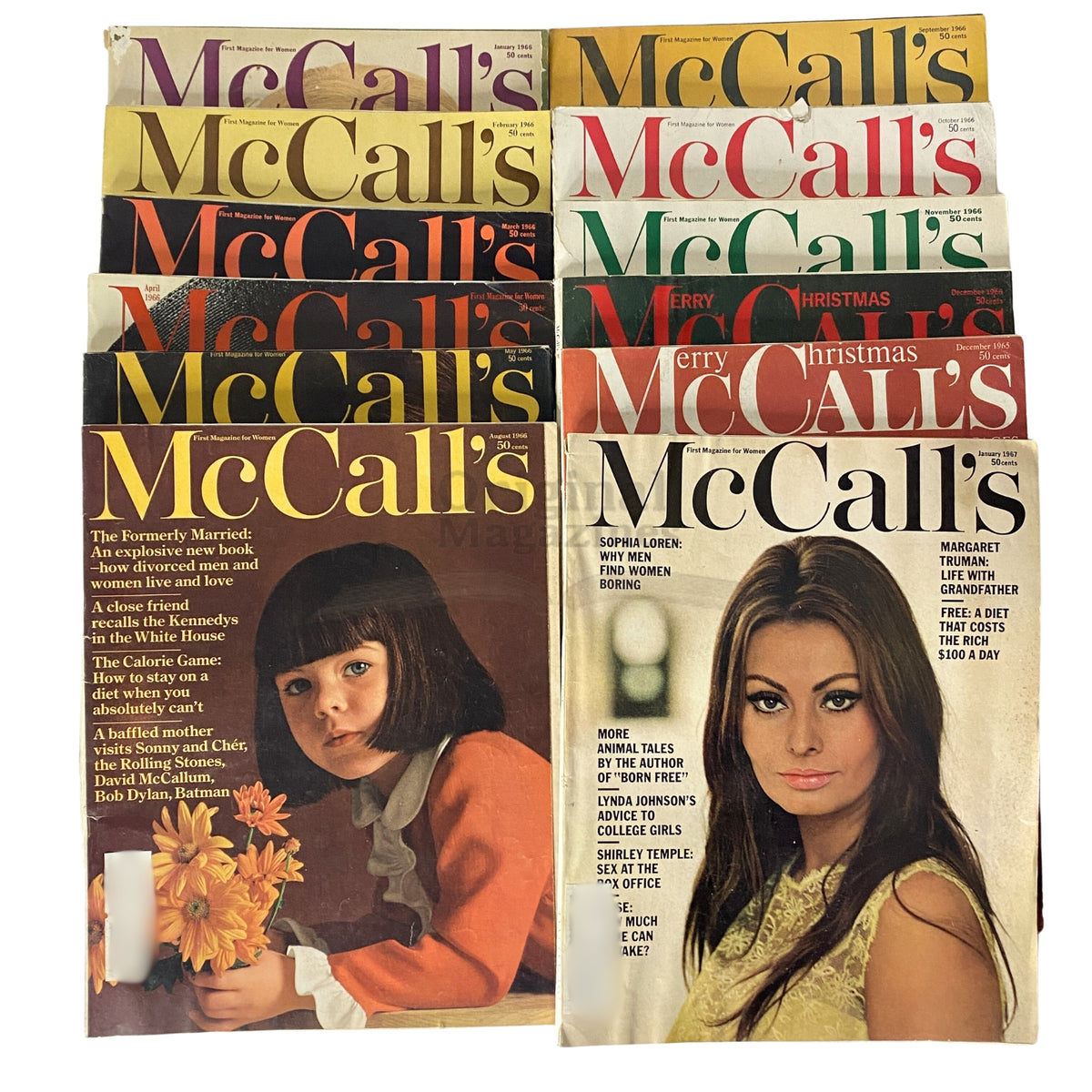 Lot of 12 McCall's magazines showcasing Sophia Loren on covers from 1965 to 1967, reflecting 1960s fashion and culture.