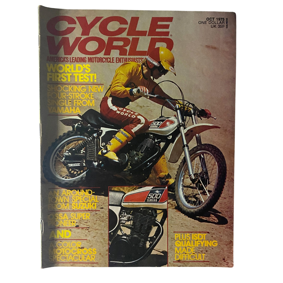 Cycle World Magazine October 1975 featuring Yamaha’s TT500C on the cover, showcasing a motorcycle rider in action.