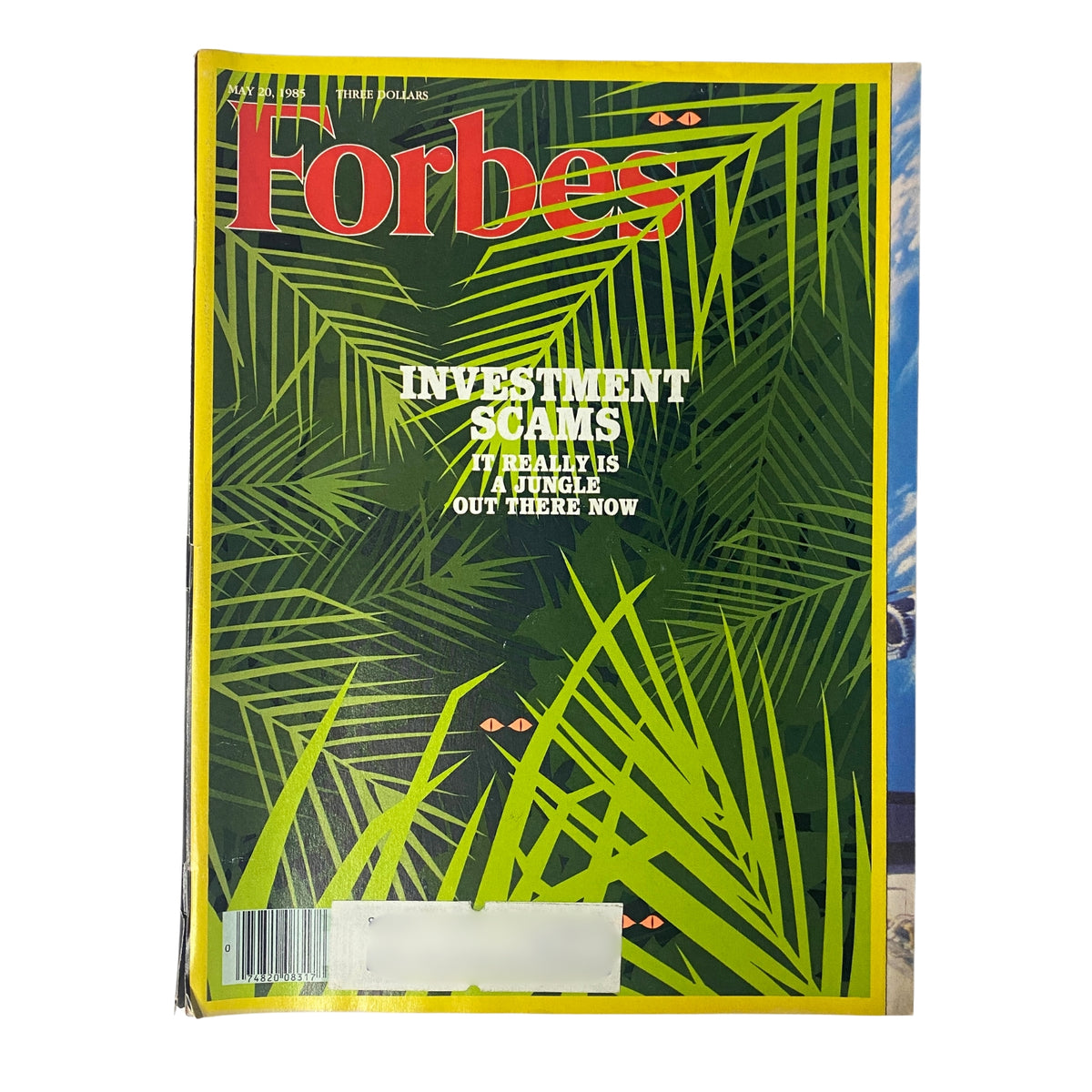 Cover of Forbes Magazine from May 20, 1985, featuring the headline 'Investment Scams' with a vibrant jungle background, highlighting financial caution and relevant insights into Wall Street investment strategies.