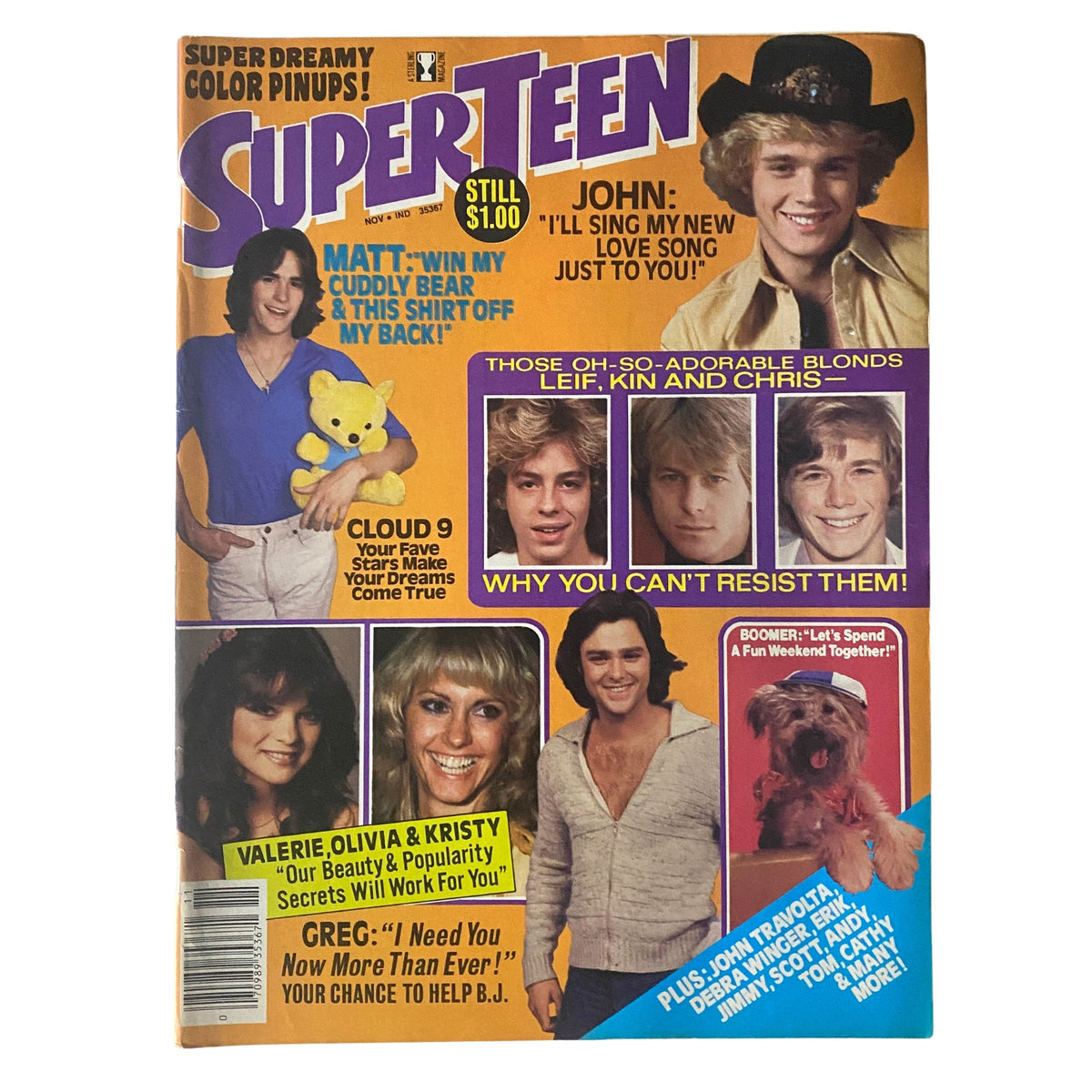 Cover of SuperTeen Magazine November 1980 featuring John Schneider and Matt Lattanzi, showcasing popular teen idols and colorful promotional content.