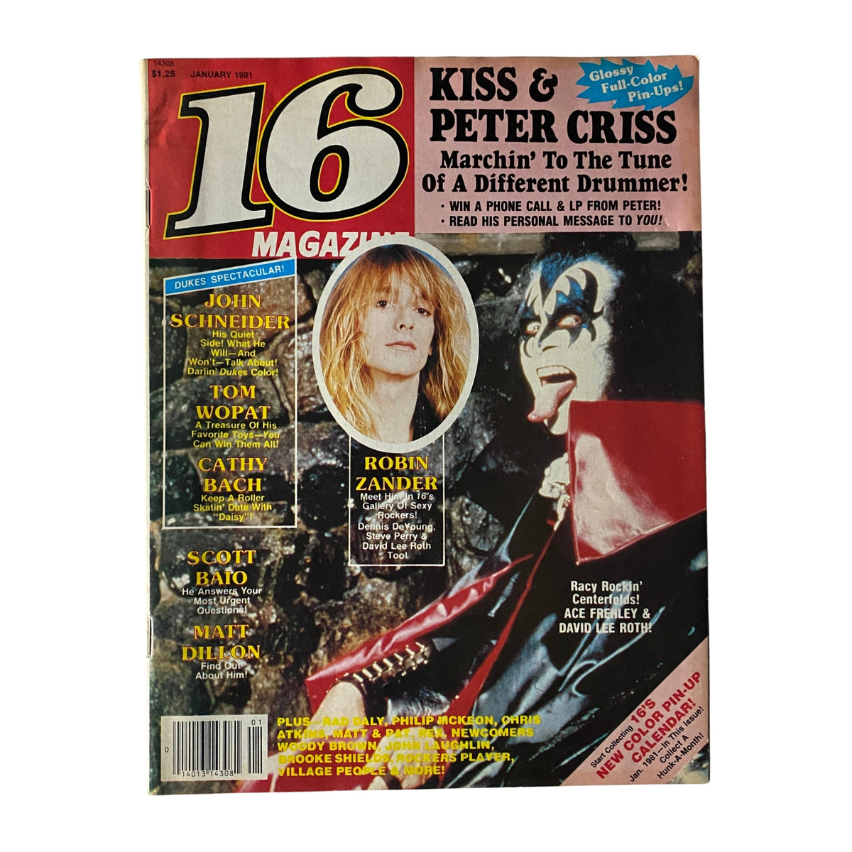 Cover of 16 Magazine, January 1981 featuring Robin Zander and Ace Frehley, showcasing vibrant colors and iconic pop culture elements from the early '80s.