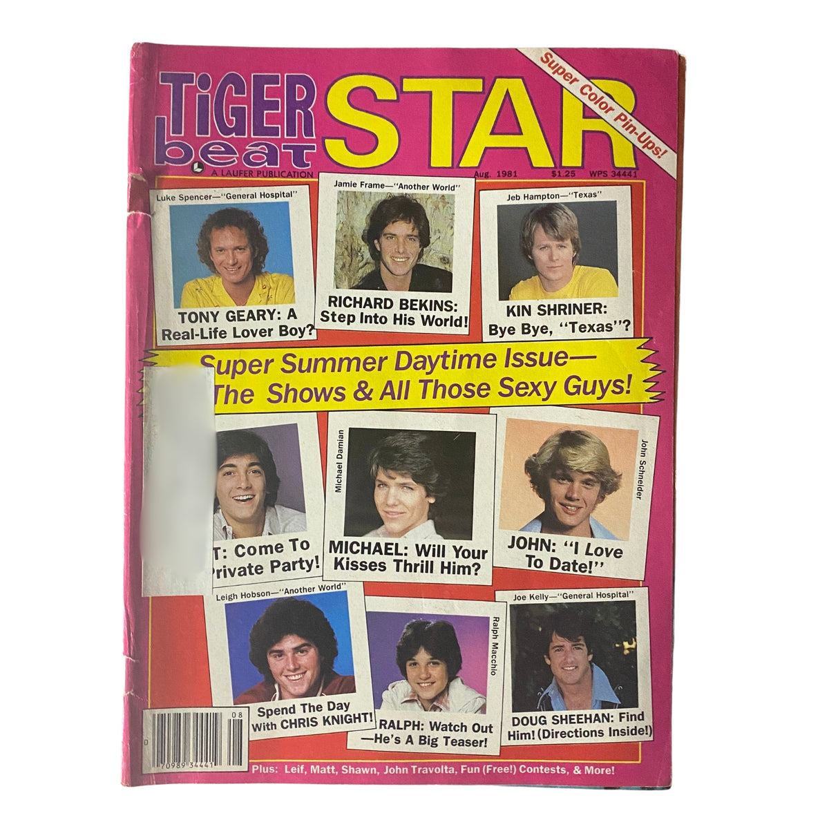 Cover of Tiger Beat Star Magazine August 1981 featuring Tony Geary, Richard Bekins, and Kin Shriner, highlighting popular teen idols and their shows.