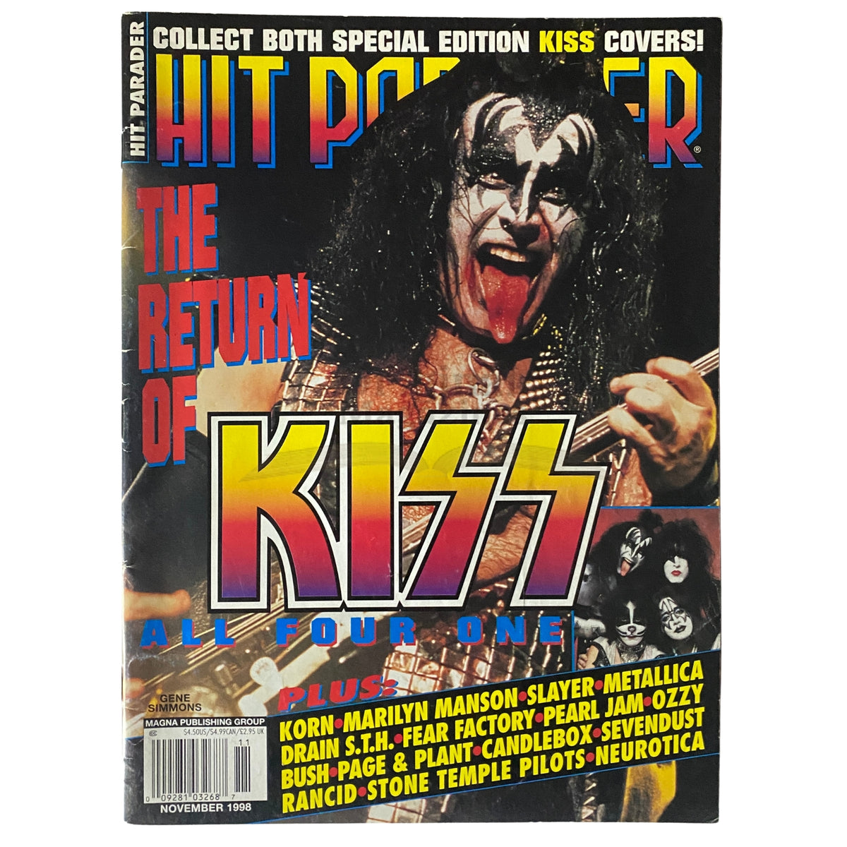 Hit Parader Magazine November 1998 featuring Gene Simmons of KISS on the cover, showcasing vibrant graphics and a bold title emphasizing 'The Return of KISS' with headlines about other rock legends.