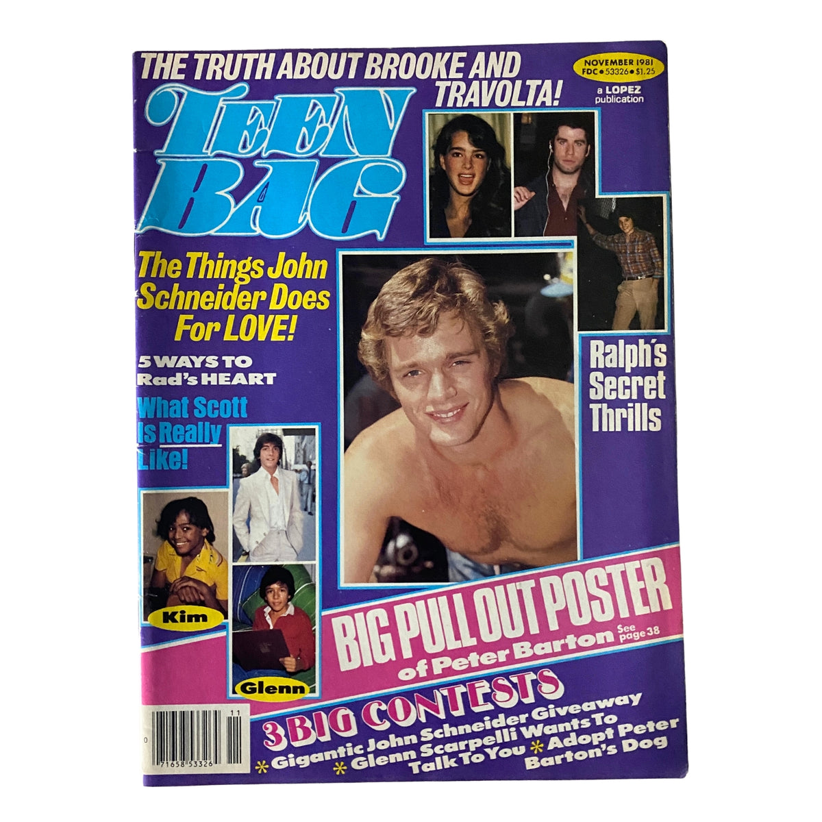 Teen Bag Magazine November 1981 cover featuring John Schneider and Scott Baio, highlighting exclusive celebrity interviews, behind-the-scenes features, and color pinups.