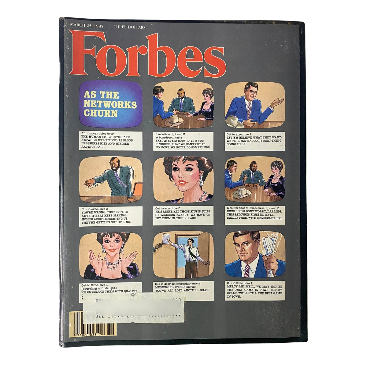 Forbes Magazine March 25, 1985 cover featuring the title 'AS THE NETWORKS CHURN' and illustrations of business executives discussing media strategies in the 1980s.