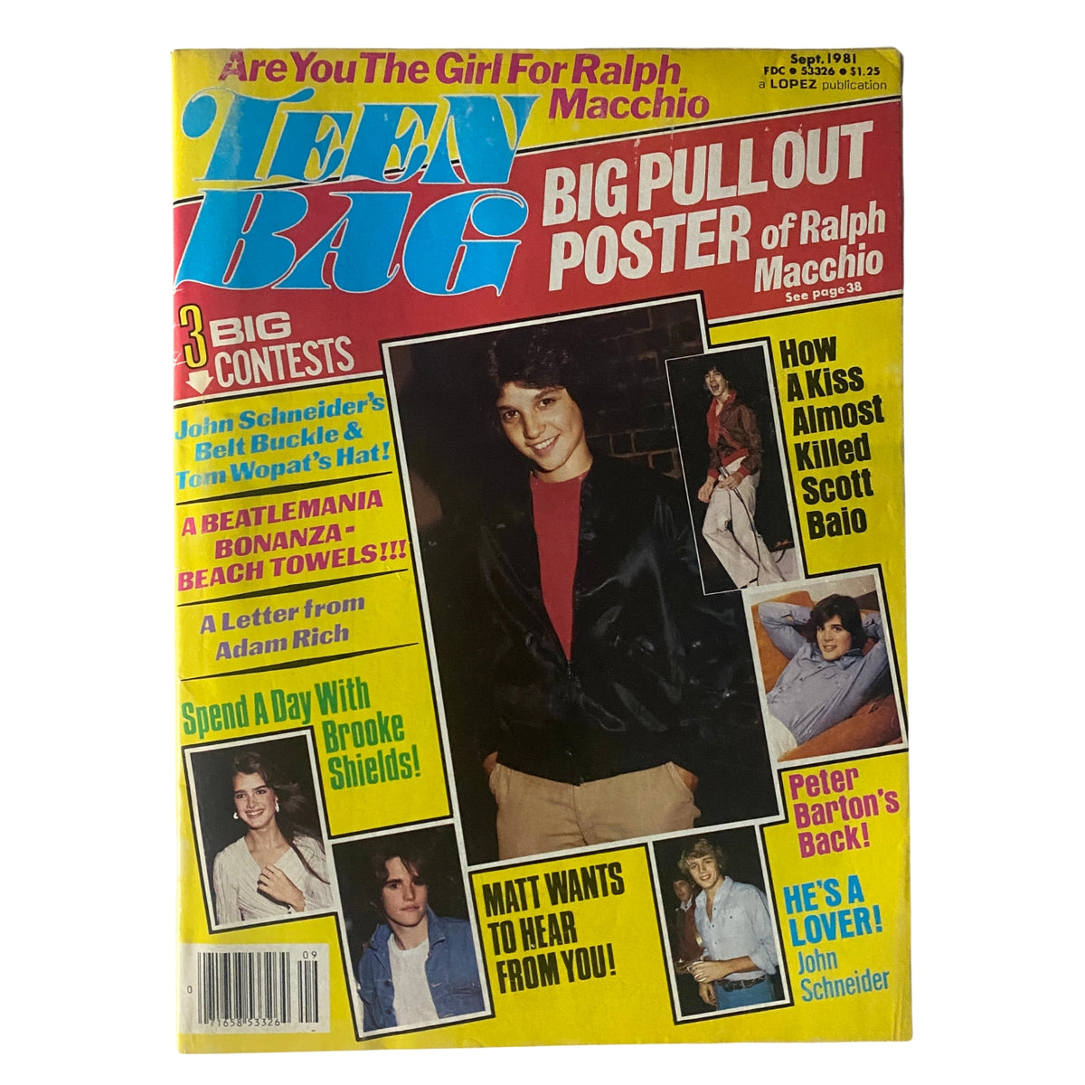 Teen Bag Magazine September 1981 cover featuring Ralph Macchio with headlines about contests and celebrity stories, including John Schneider and Brooke Shields. The magazine includes a big pull-out poster.