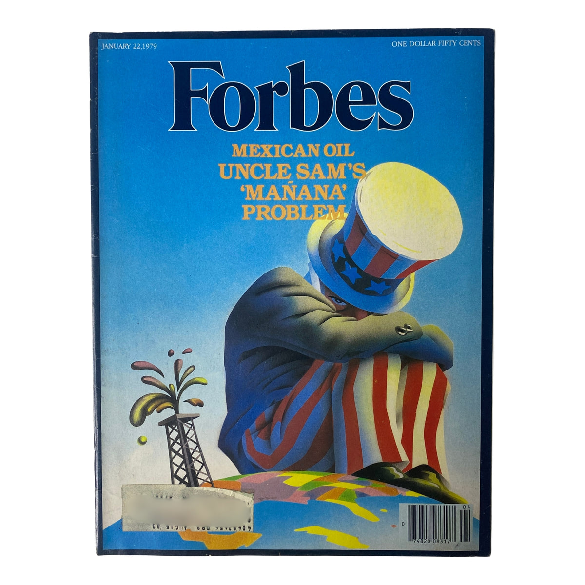 Cover of Forbes Magazine, January 22, 1979, featuring the title 'Mexican Oil: Uncle Sam's Mañana Problem' with a colorful illustration of a distressed character in a top hat seated on a globe.