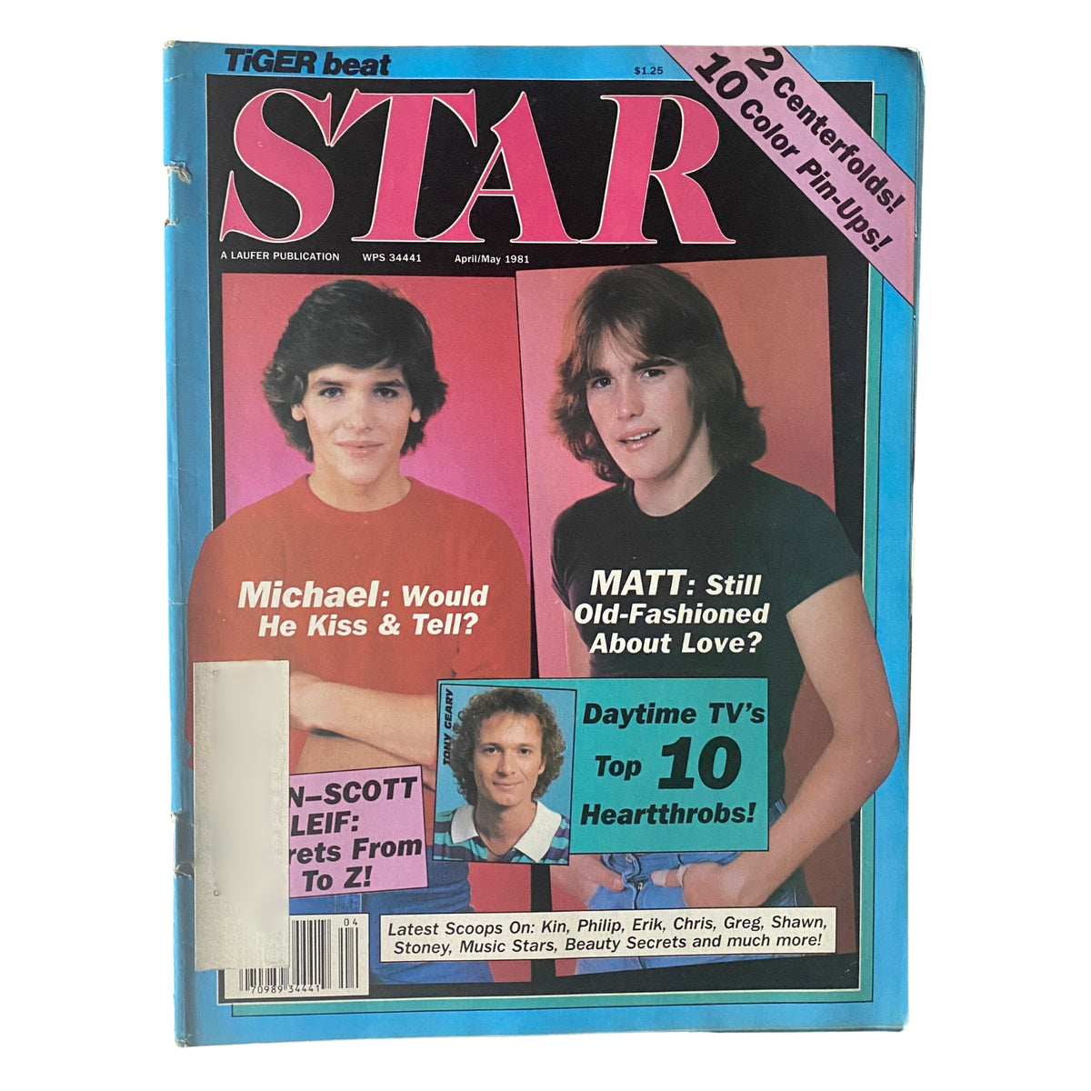 Tiger Beat Star Magazine April 1981 cover featuring Michael Damian and Matt Lattanzi, showcasing colorful text and iconic 1980s teen culture.