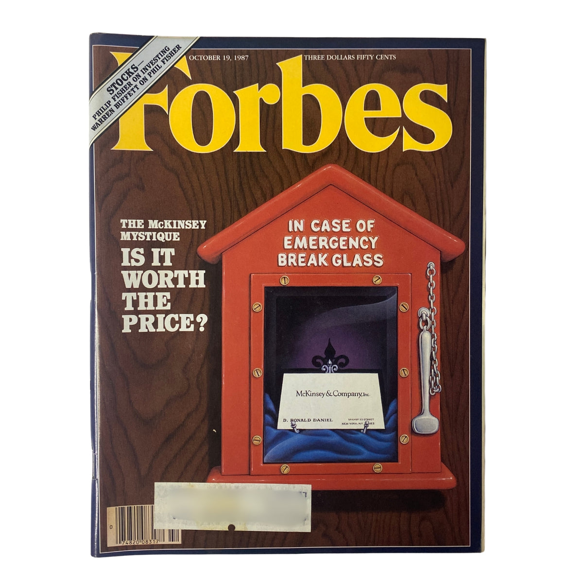 Forbes Magazine Cover from October 19, 1987, featuring the cover story 'McKinsey & Co.: Is It Worth The Price?' with a visual of a glass-breaking emergency box.