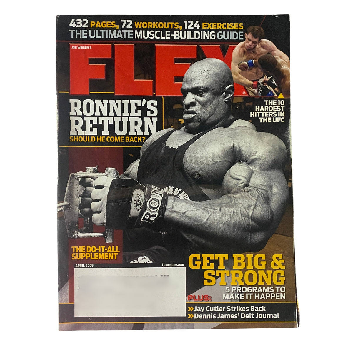 Cover of Flex Magazine April 2009 featuring Ronnie Coleman, showcasing his impressive physique and promotional content like 'Get Big & Strong'. This collectible vintage magazine captures the essence of bodybuilding with articles and features on fitness.