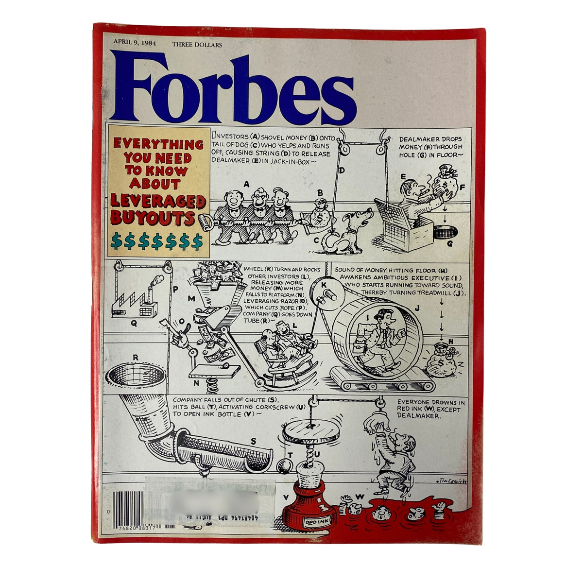 Cover of Forbes Magazine dated April 9, 1984 featuring the title 'The Clear And Present Danger In LBOs' and a cartoon illustration explaining leveraged buyouts.