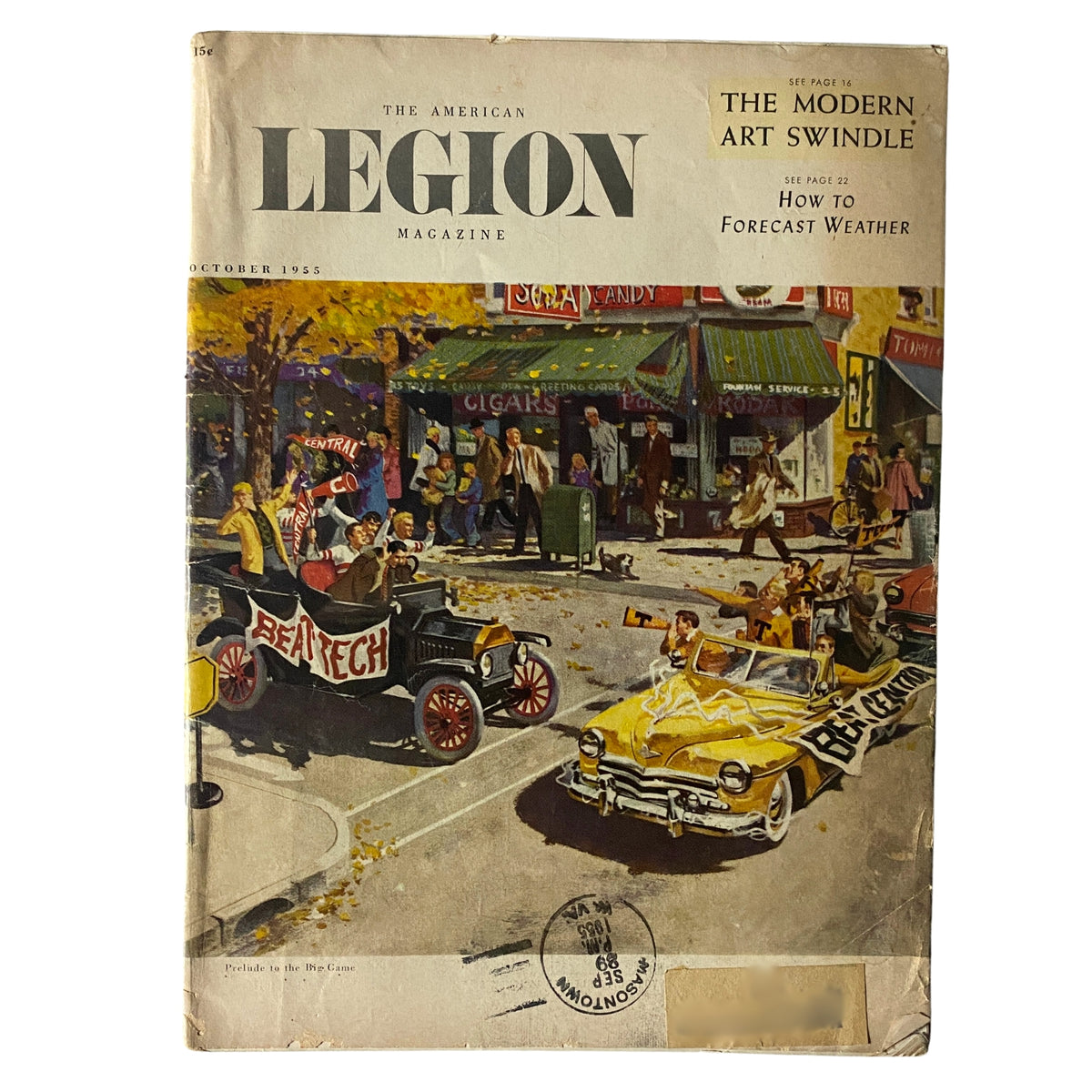 Cover of The American Legion Magazine October 1955, featuring an illustration of a lively street scene with vintage cars, promoting articles like 'How to Forecast Weather' and 'The Modern Art Swindle.'