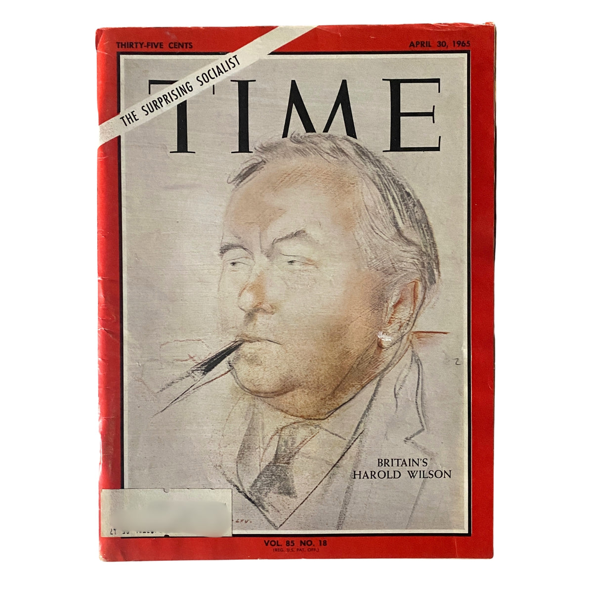 Time Magazine April 30, 1965 Vol 85 No. 18 featuring Britain's Harold Wilson on the cover, showcasing a portrait of Wilson smoking a pipe with the title 'The Surprising Socialist.'