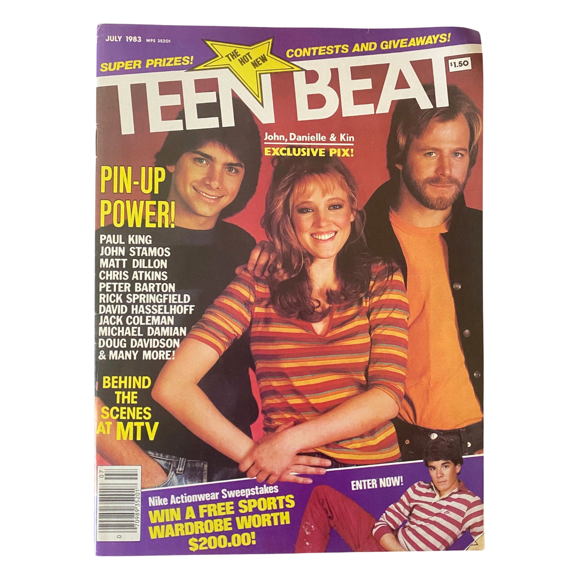 Teen Beat Magazine July 1983 featuring John Stamos, Kin Shriner, and Danielle von Zerneck on the cover, highlighting celebrity pin-ups and contests.