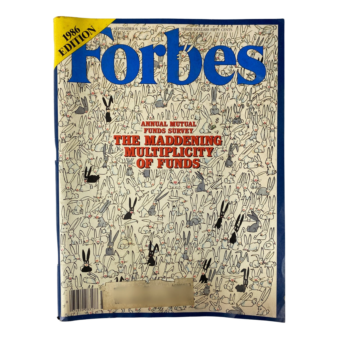Forbes Magazine September 8, 1986 cover featuring the title 'The Maddening Multiplicity of Funds' with a whimsical illustration of rabbits and financial themes.