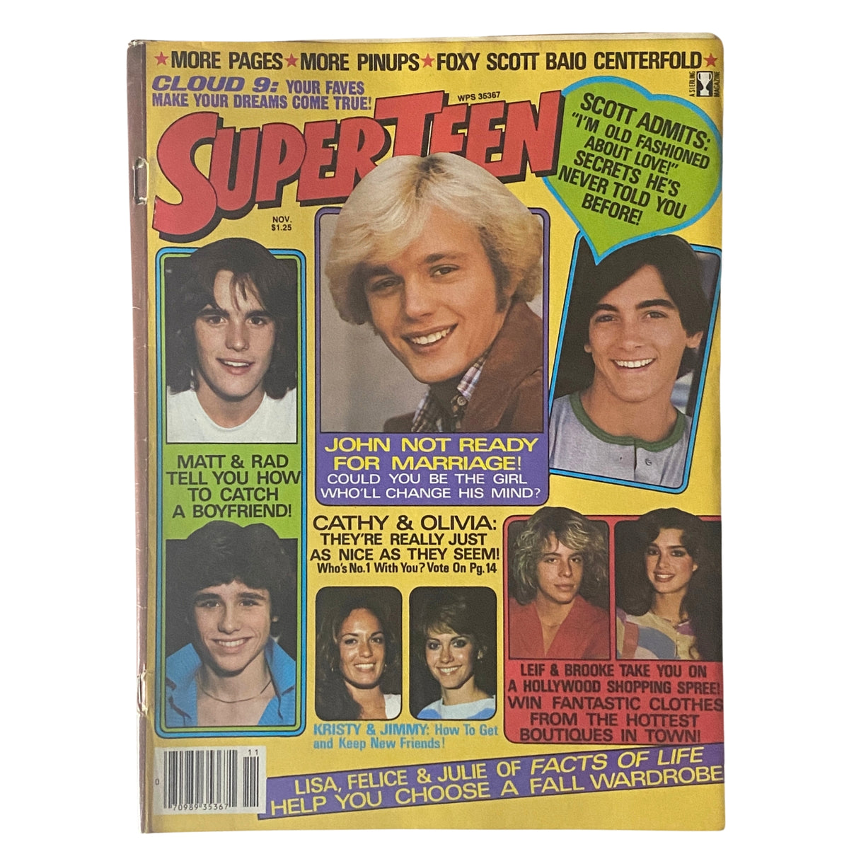 Cover of SuperTeen Magazine from November 1980 featuring John Schneider and Scott Baio with celebrity highlights and colorful graphics.