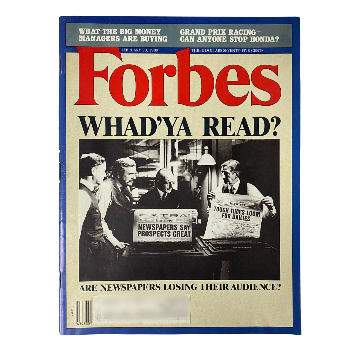Cover of Forbes Magazine February 20, 1989 featuring the title 'WHAD'YA READ?' with a black and white image depicting four men discussing newspapers, highlighting the article on media and audience engagement.