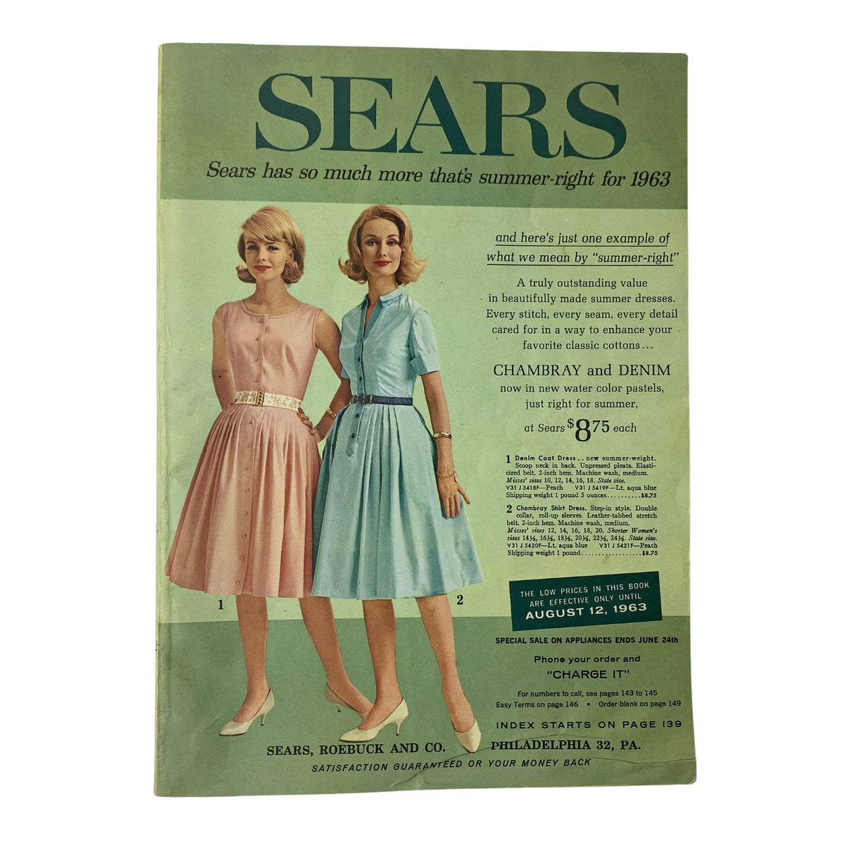 Cover image of the 1963 Sears Summer-Right Catalog showcasing two women modeling summer dresses in pastel colors. Text highlights the affordability and variety of summer apparel.