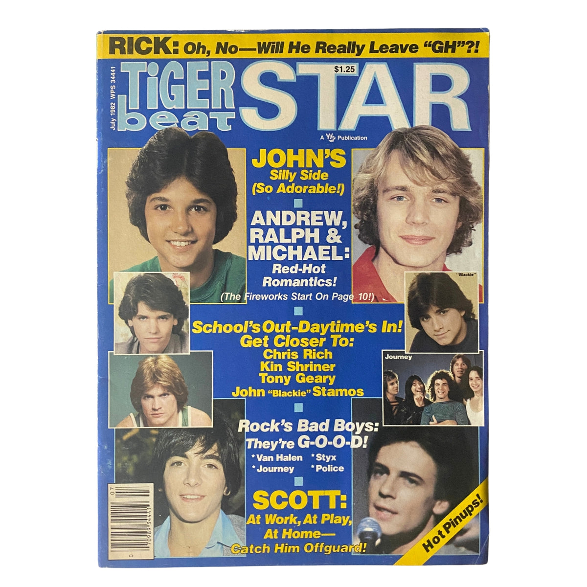 Tiger Beat Star Magazine July 1982 cover featuring Rick Springfield, Scott Baio, and other popular teen idols, showcasing the vibrant pop culture of the 1980s.