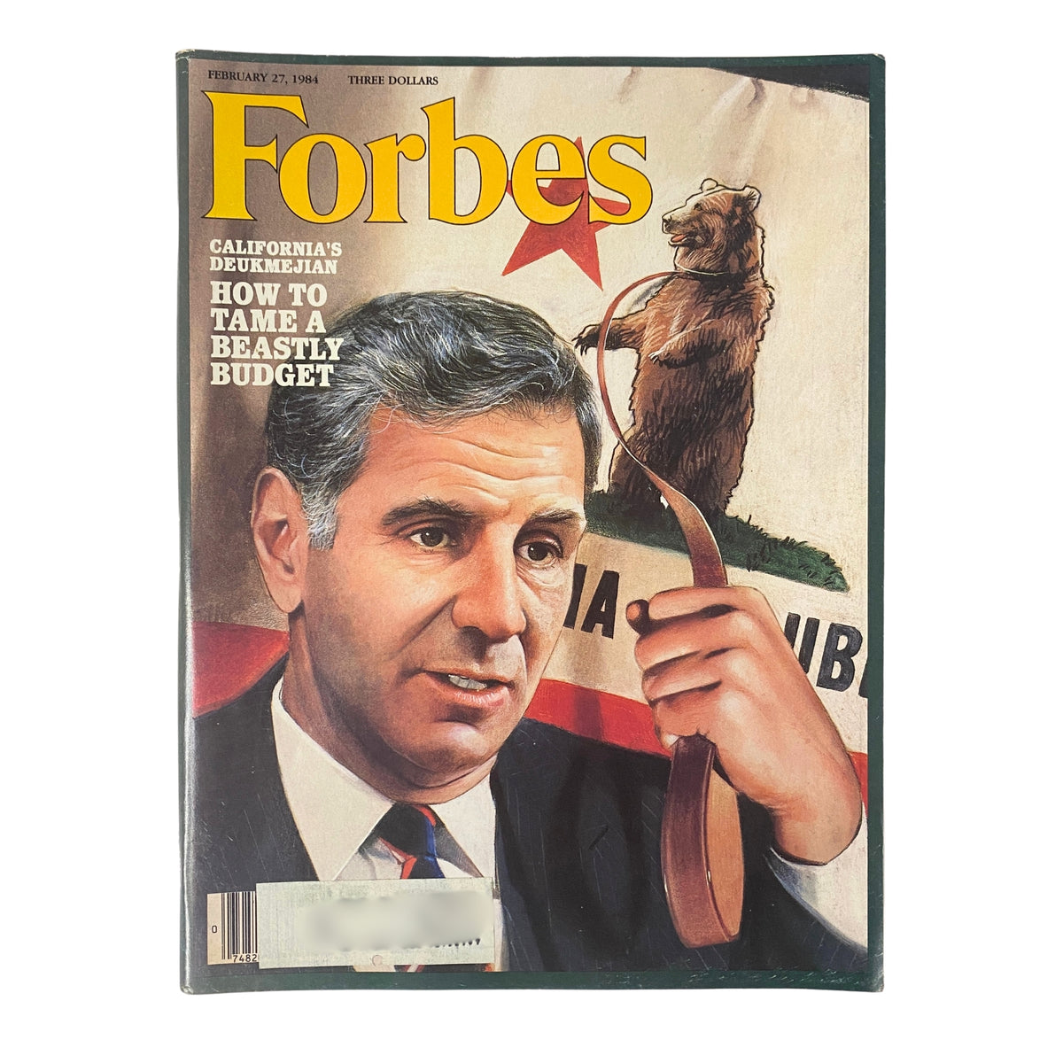 Cover of Forbes Magazine dated February 27, 1984, featuring California Governor George Deukmejian with the headline 'How to Tame a Beastly Budget', showcasing a political theme fitting for collectors of vintage political publications.