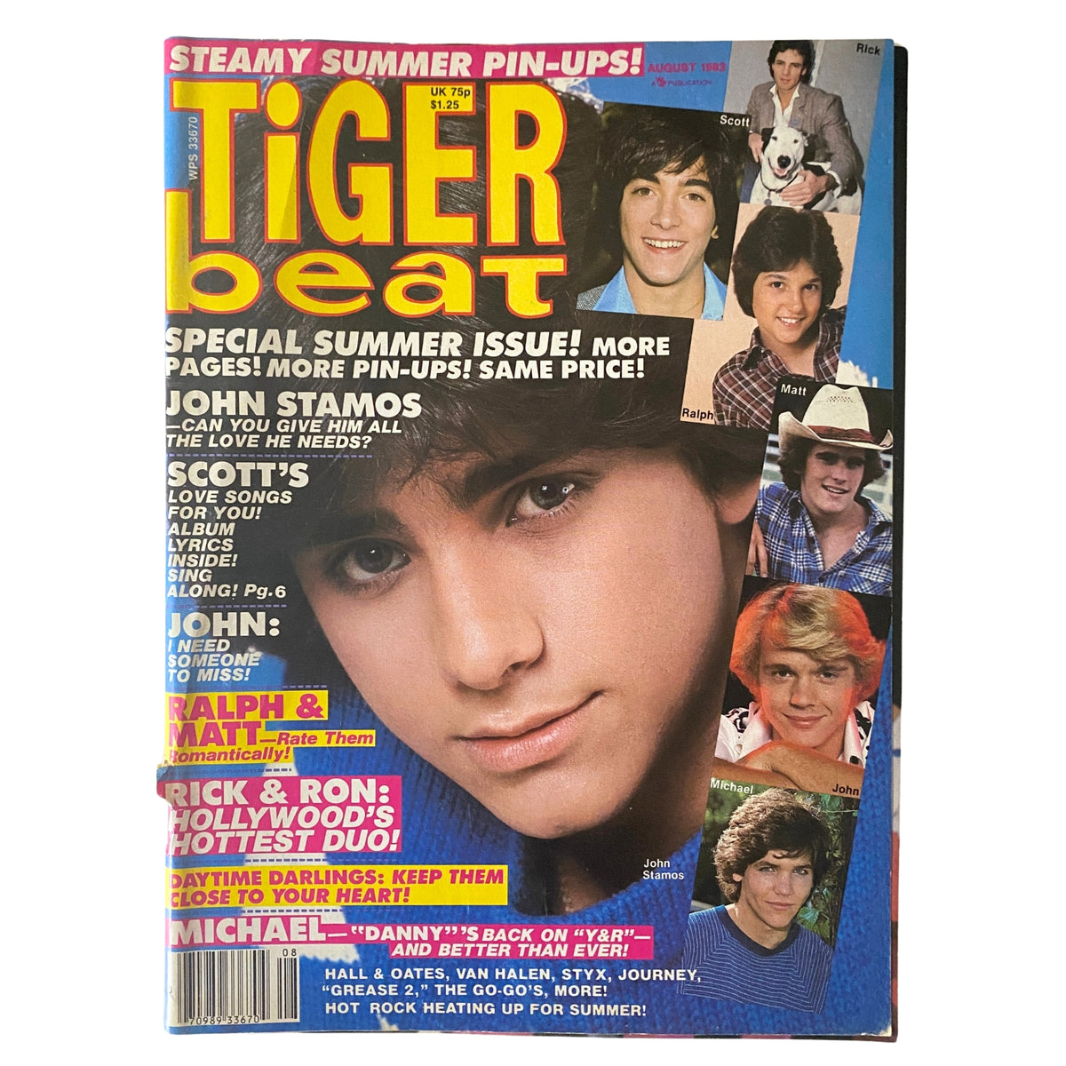 Tiger Beat Magazine August 1982 featuring John Stamos on the cover, with headlines about pin-ups, celebrity interviews, and additional features. This vintage issue includes popular teen idols like Scott Baio and Matt Dillon, showcasing the vibrant pop culture of the 1980s.
