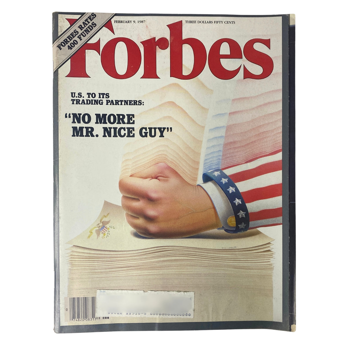 Cover of Forbes Magazine dated February 9, 1987, featuring the headline 'No More Mr. Nice Guy' and graphic depiction of a hand holding sheets with an American flag background.