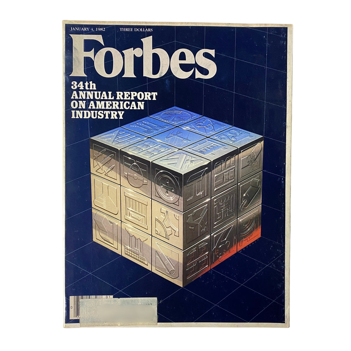 Cover of Forbes Magazine, January 4, 1982, featuring the 34th Annual Report on American Industry with a graphic of a cube depicting various industry-related symbols.