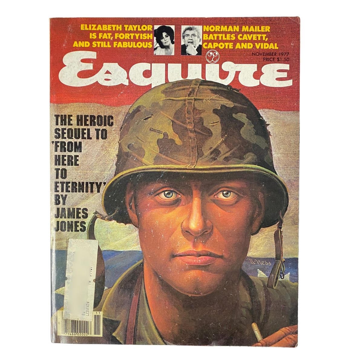 Esquire Magazine November 1977 cover featuring a soldier in a helmet, highlighting the edition's theme of 'The Lonely Guy's Grooming Guide' and articles on men's lifestyle.