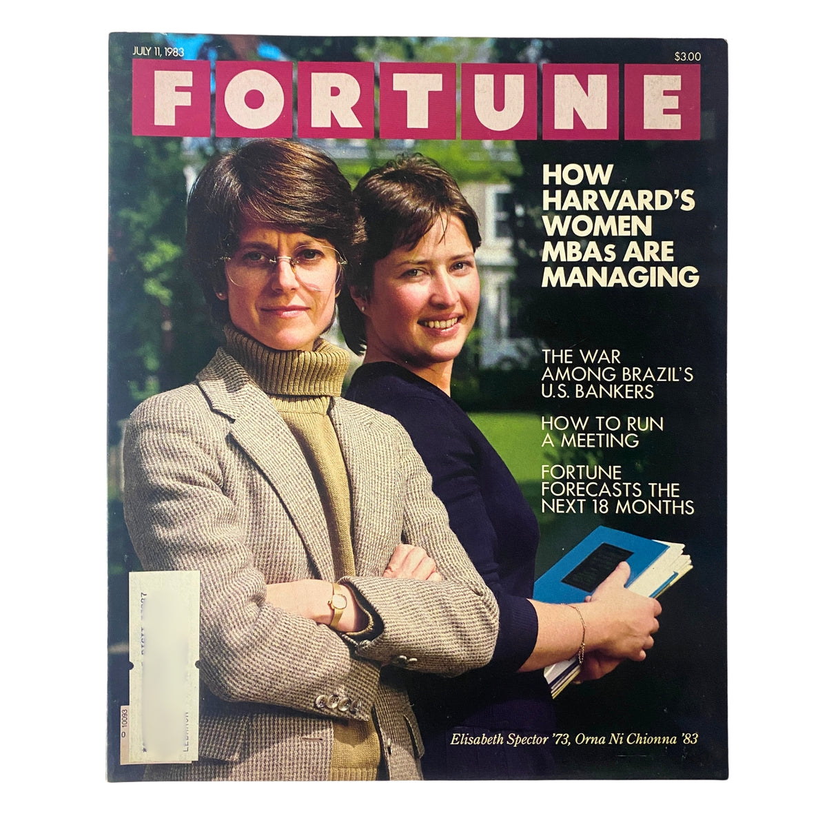 Fortune Magazine cover from July 11, 1983, featuring Elisabeth Spector '73 and Orna Ni Chionna '83, discussing how Harvard's women MBAs are managing against the backdrop of business and finance.