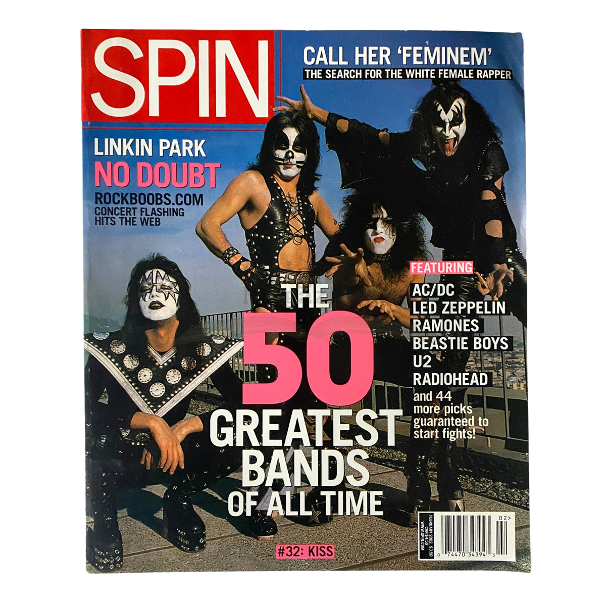 Spin Magazine February 2002 issue featuring KISS on the cover, along with mentions of bands like AC/DC and Led Zeppelin, highlighting the 50 Greatest Bands of All Time.