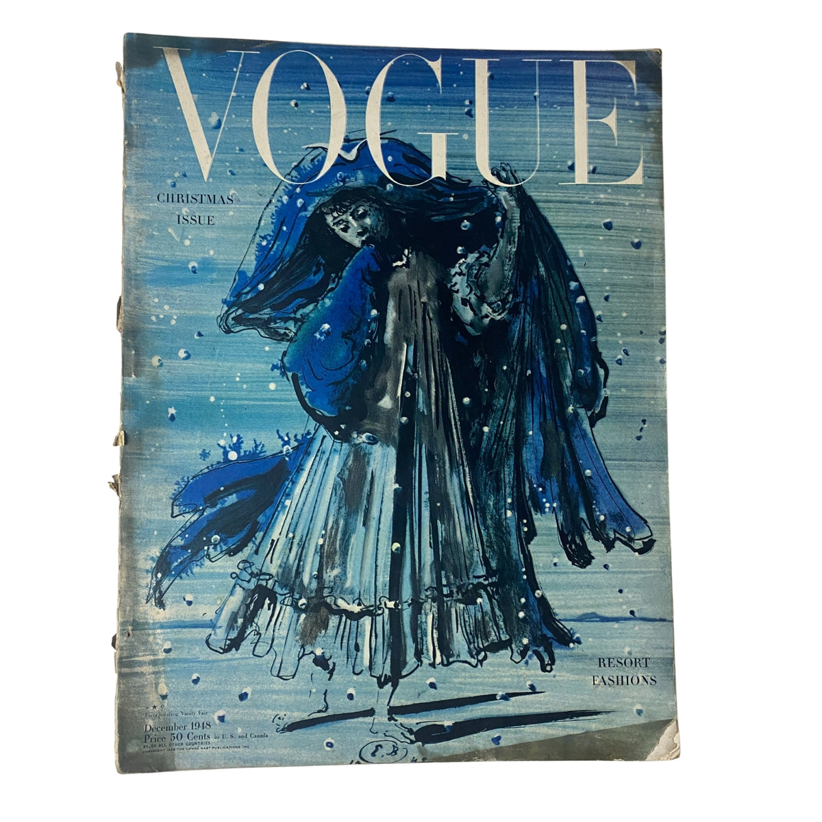Cover of the Vogue Magazine December 1948 Christmas Issue featuring a beautiful illustration of a woman in a flowing dress, showcasing Resort Fashions by Eugene Berman.
