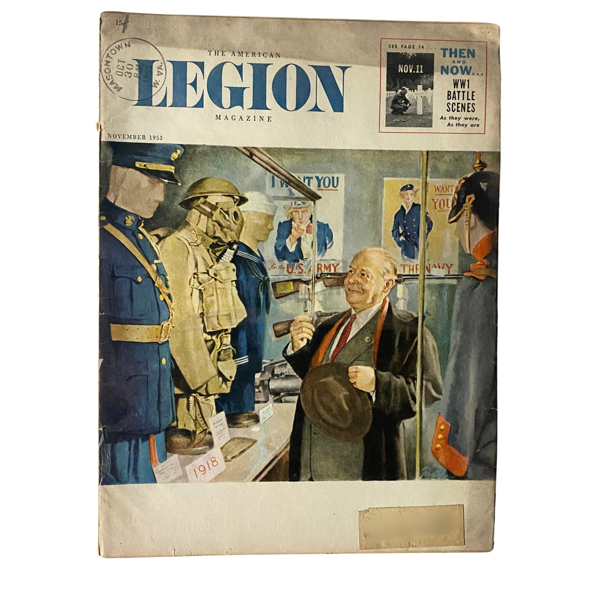 Cover of The American Legion Magazine November 1953 featuring a vintage illustration of a man in front of military uniforms and memorabilia, highlighting the theme 'Then and Now, WW1 Battle Scenes'.
