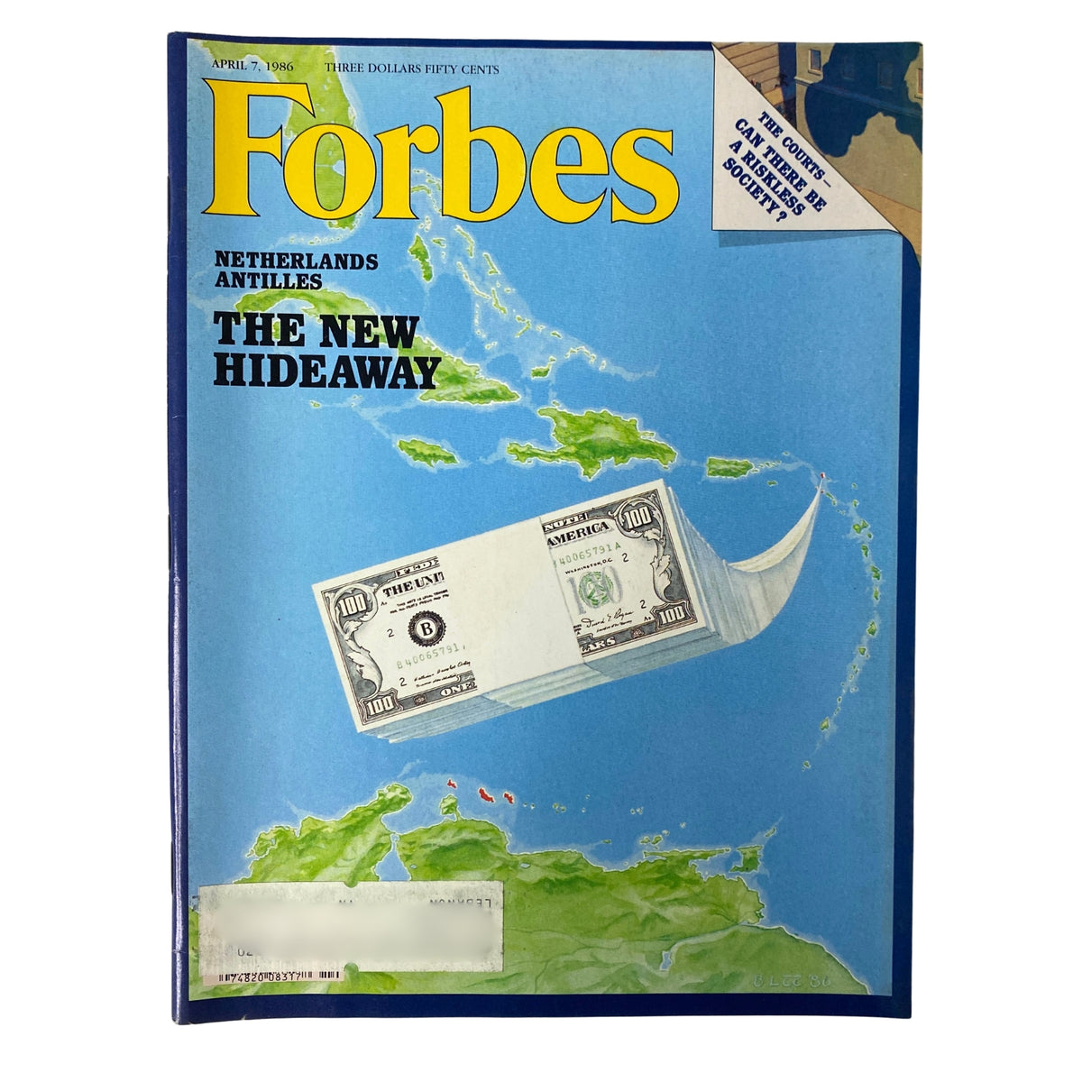 Forbes Magazine cover from April 7, 1986, featuring the title 'The New Hideaway' and focusing on the Netherlands Antilles as a financial hub, with a visual of cash and a map.