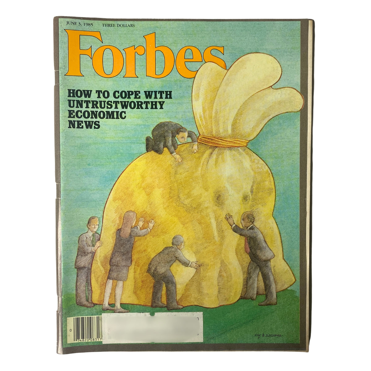 Forbes Magazine June 3, 1985 cover featuring the title 'How To Cope with Untrustworthy Economic News', illustrated with a large yellow bag symbolizing economic concerns and several business professionals engaging with it.