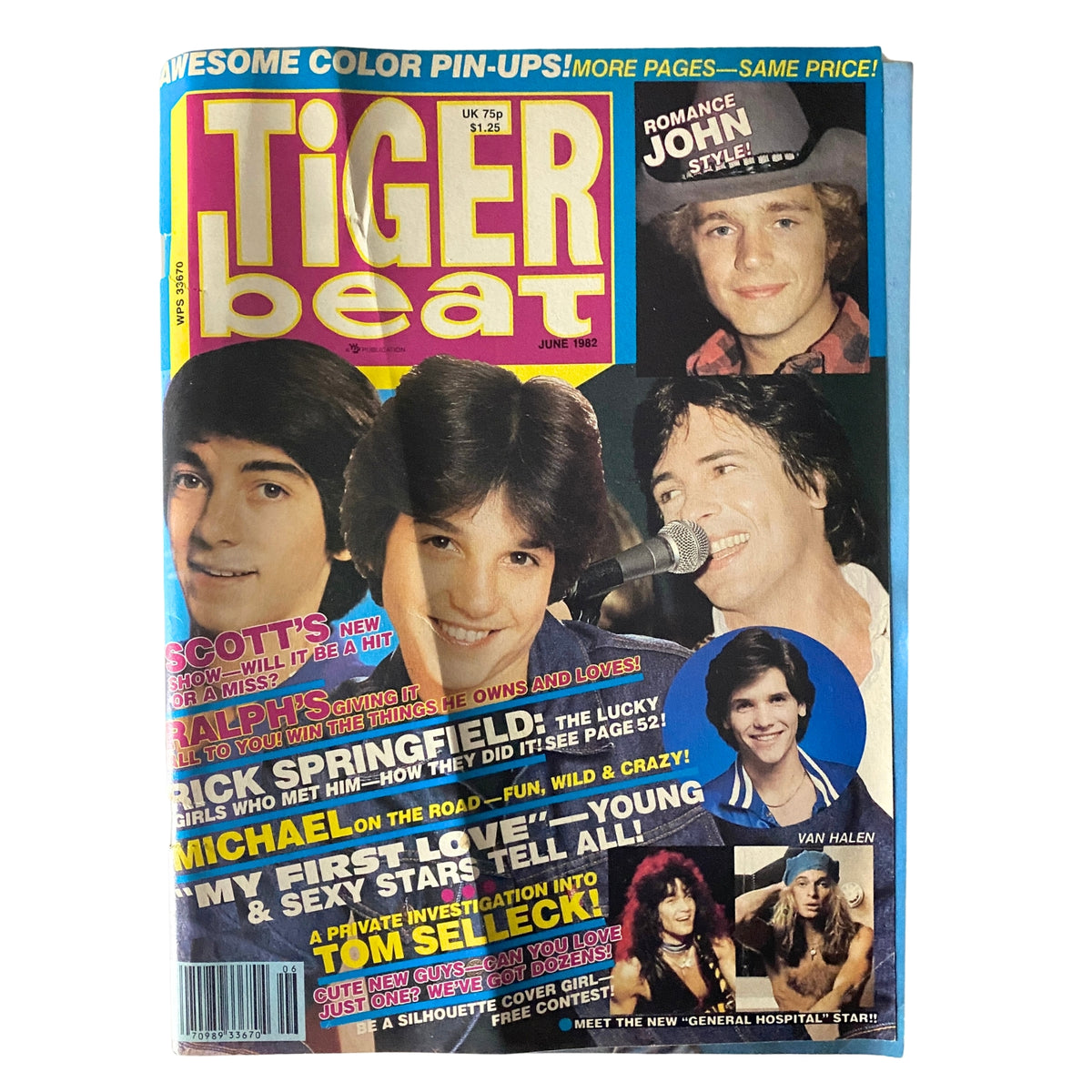 Cover of Tiger Beat Magazine June 1982 featuring images of Scott Baio, Ralph Macchio, and Michael Damian, highlighting exclusive celebrity interviews and color pin-ups.