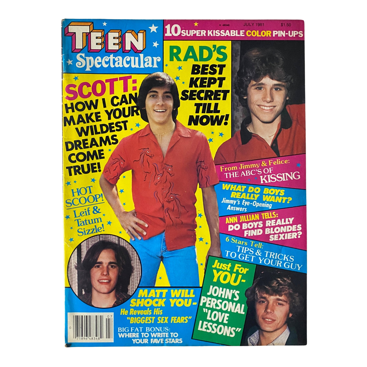 Cover of Teen Spectacular Magazine July 1981 featuring Scott Baio and Radames Pera, showcasing vibrant colors and teasers for articles and pin-ups.
