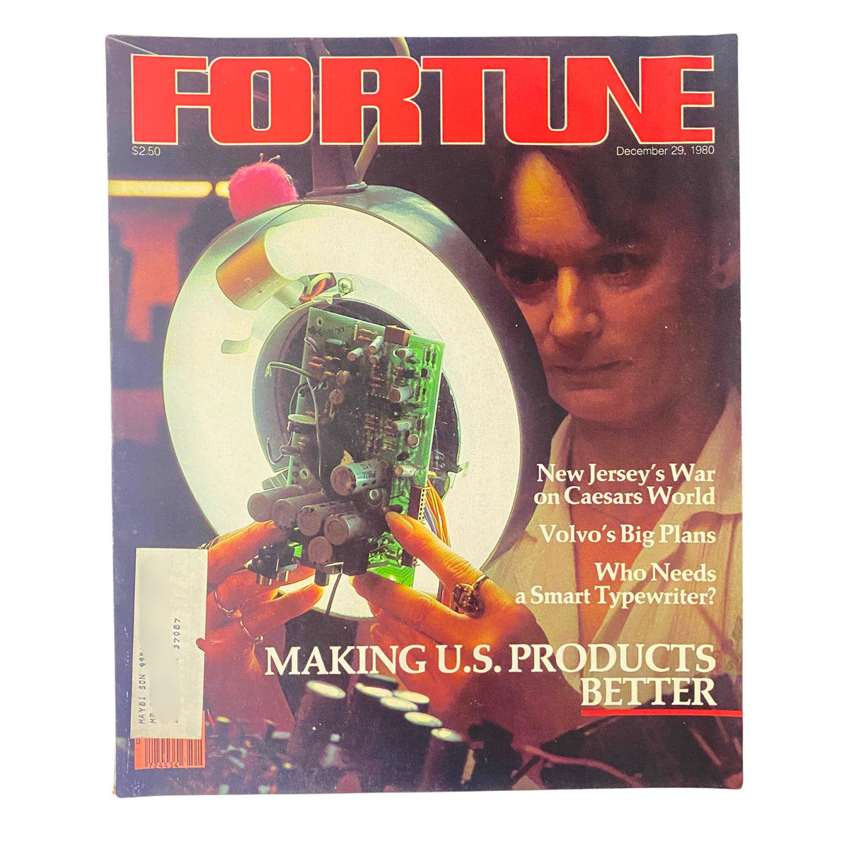 Cover of Fortune Magazine dated December 29, 1980 featuring the title 'Making U.S. Products Better', showcasing a person inspecting a circuit board with a ring of lights.