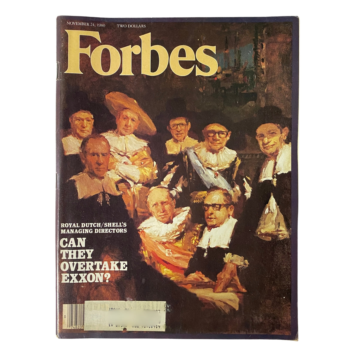 Forbes Magazine cover from November 24, 1980, featuring a portrait of Royal Dutch/Shell's managing directors with the headline 'Can They Overtake Exxon?' showcasing the historical significance of the oil industry during that era.