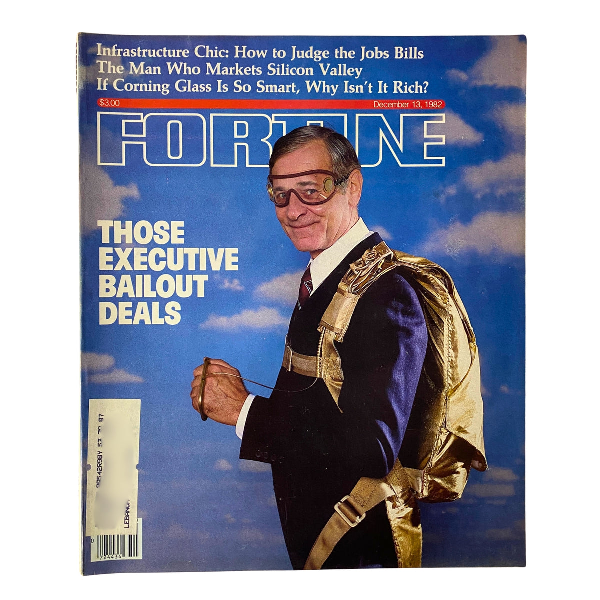 Cover of Fortune Magazine December 13, 1982 titled 'Those Executive Bailout Deals' featuring a businessman in a suit wearing glasses and a parachute.