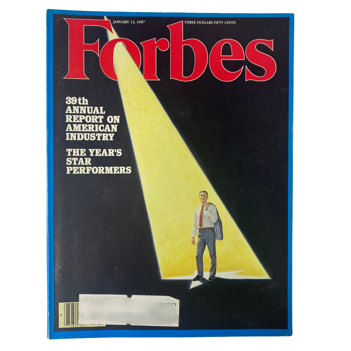 Forbes Magazine January 12, 1987 cover featuring the headline 'The Year's Star Performers' and a man illuminated by a spotlight.