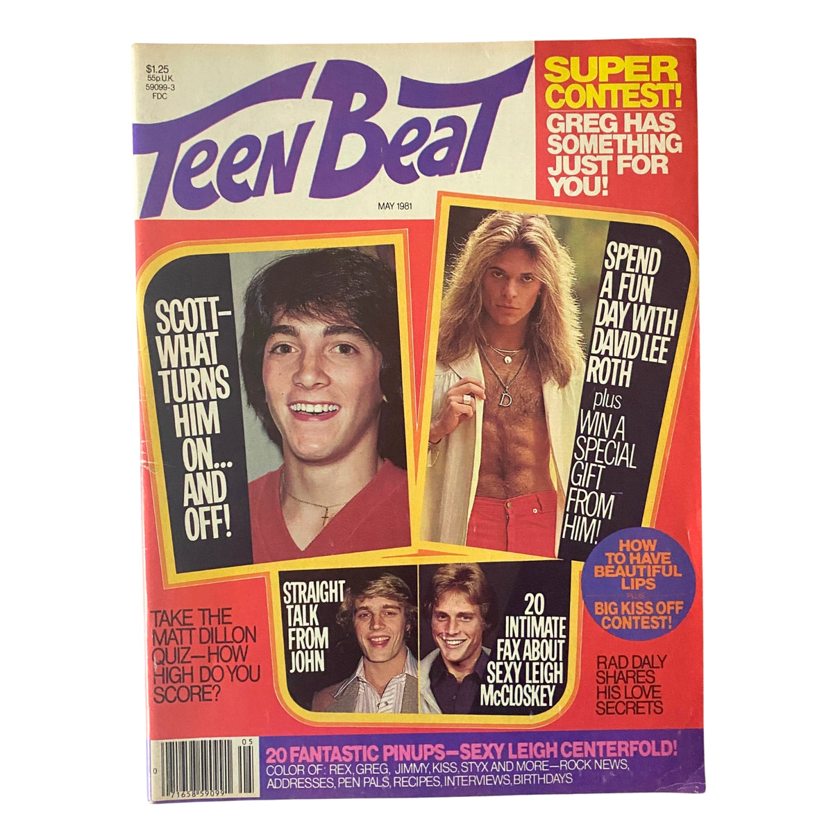 Cover of Teen Beat Magazine May 1981 featuring Scott Baio and David Lee Roth, highlighting interviews, celebrity contests, and a Leigh McCloskey centerfold.