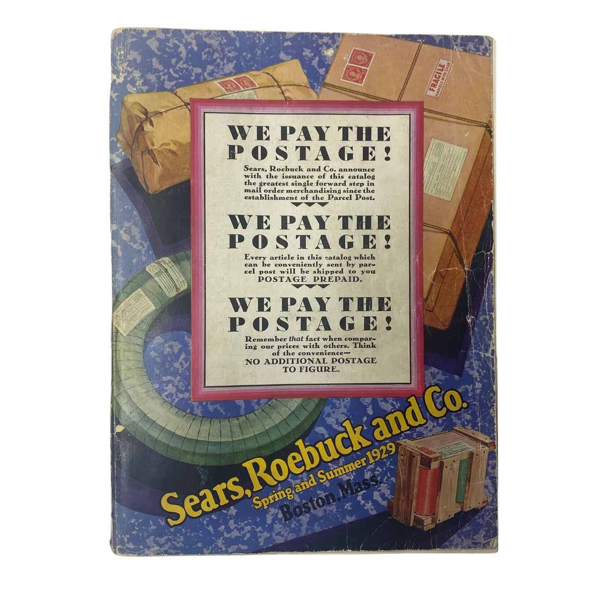 Cover of the 1929 Sears, Roebuck and Co. Spring and Summer Catalog featuring bold typography and colorful design, highlighting postage details.