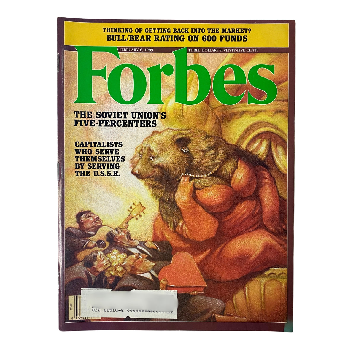 Forbes Magazine cover from February 6, 1989, titled 'The Soviet Union's Five-Percenters,' featuring an illustration of a bear and capitalists discussing wealth amidst economic reforms. A collectible vintage magazine for those interested in business history and the Cold War era.