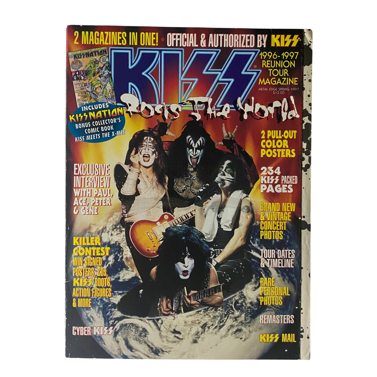 Metal Edge Spring 1997 KISS Reunion Tour Magazine cover featuring the iconic band KISS, highlighted with 'Rocks The World' and details about exclusive interviews and posters.