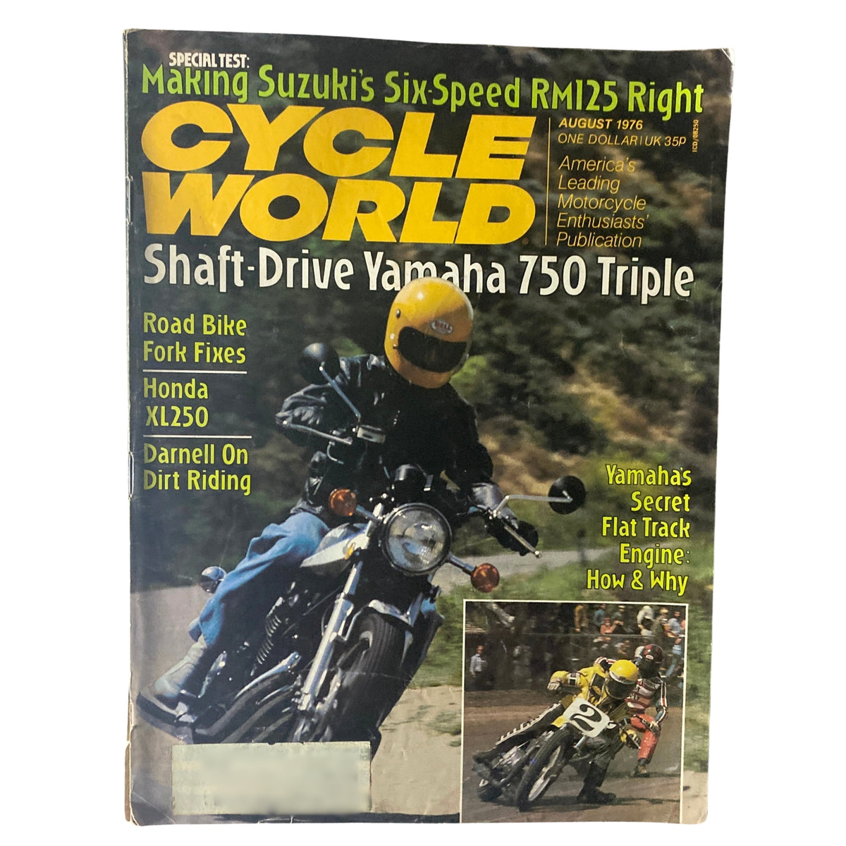 Cycle World Magazine August 1976 edition featuring the Shaft-Drive Yamaha 750 Triple on the cover, showcasing a motorcycle enthusiast wearing a yellow helmet on a black motorcycle, against a lush green background.