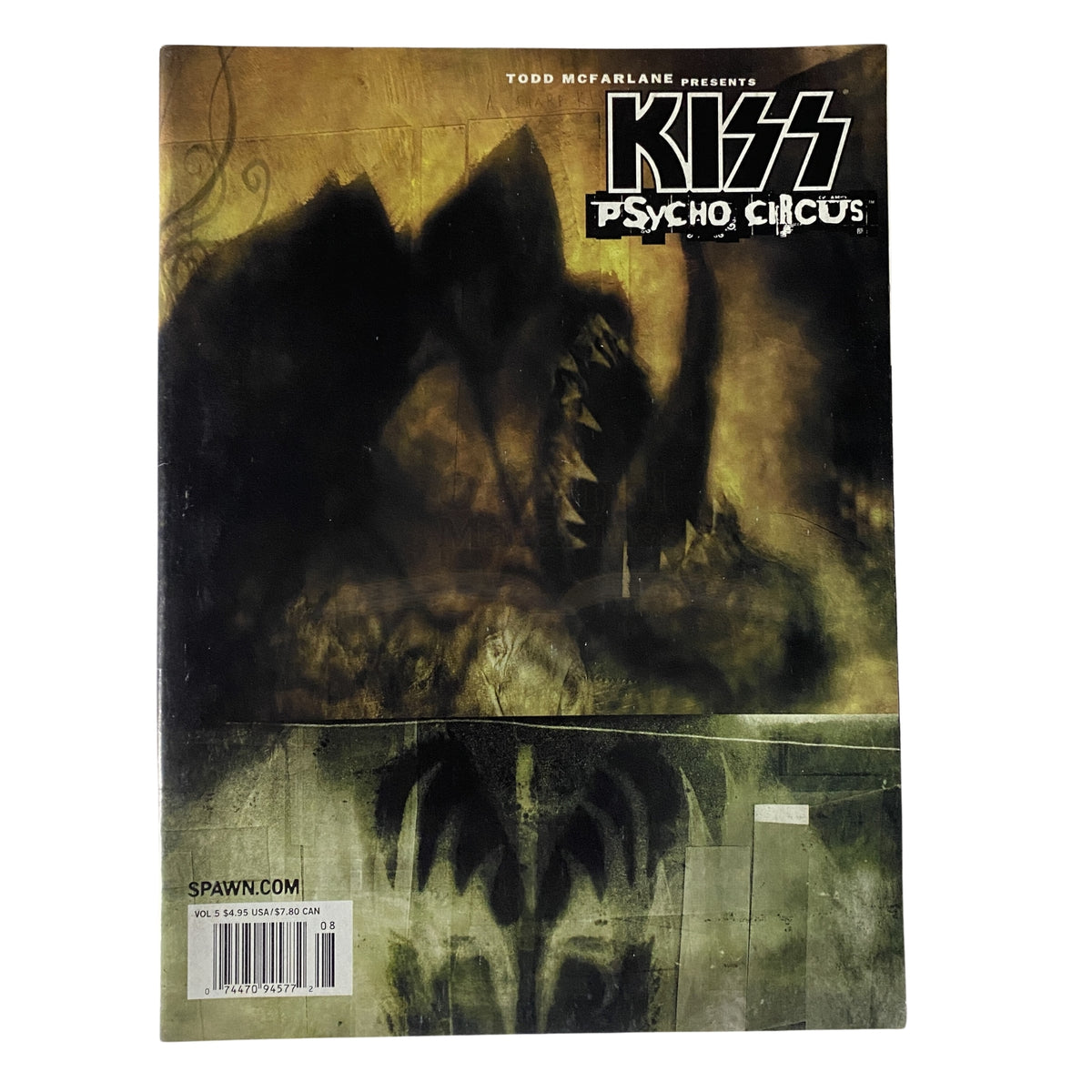 Back cover of 'Todd McFarlane Presents KISS Psycho Circus Volume 5' featuring dark artwork and logo.