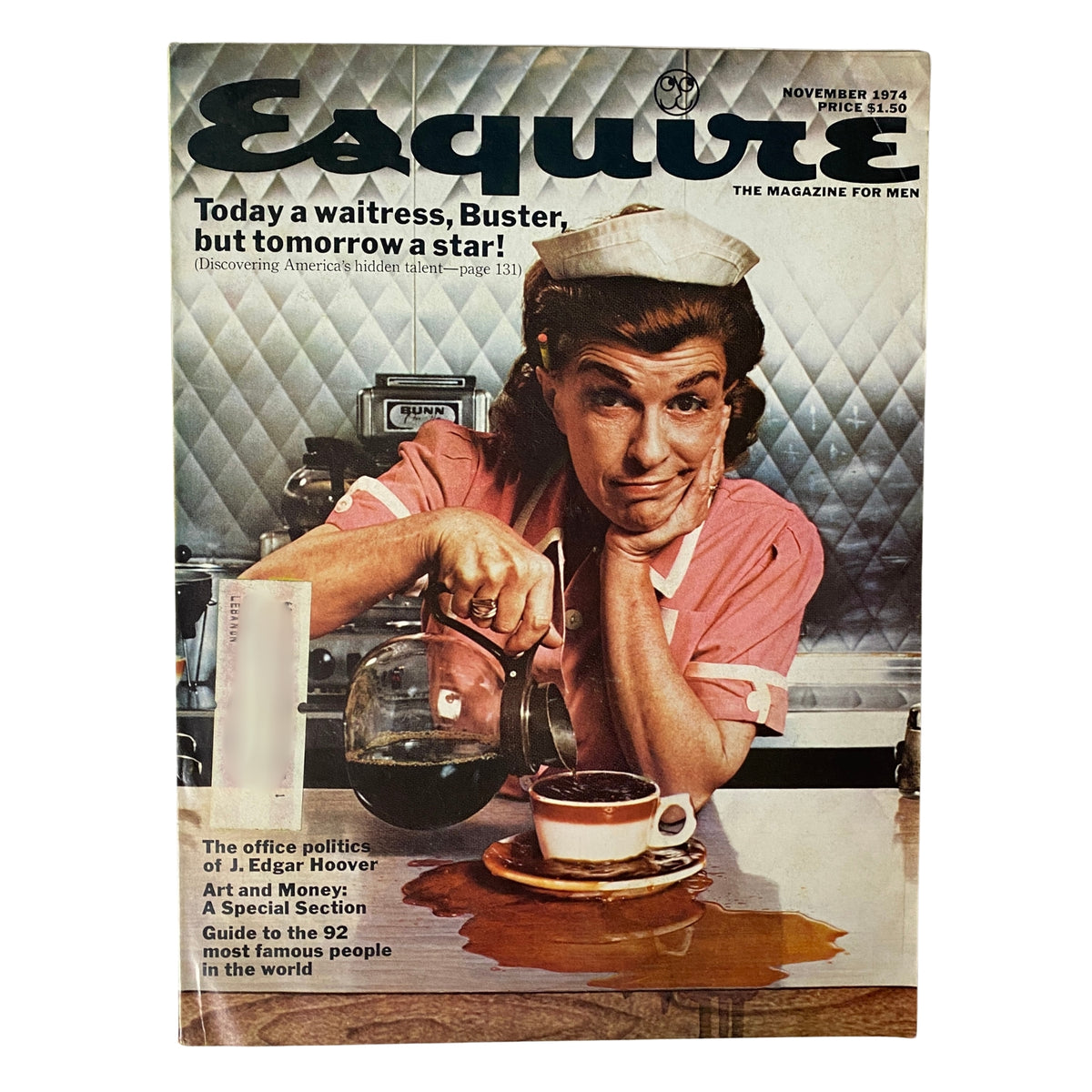 Esquire Magazine November 1974 cover featuring a waitress pouring coffee, with the title 'Today a waitress, Buster, but tomorrow a star!' showcasing vintage style and cultural insights from the 1970s.