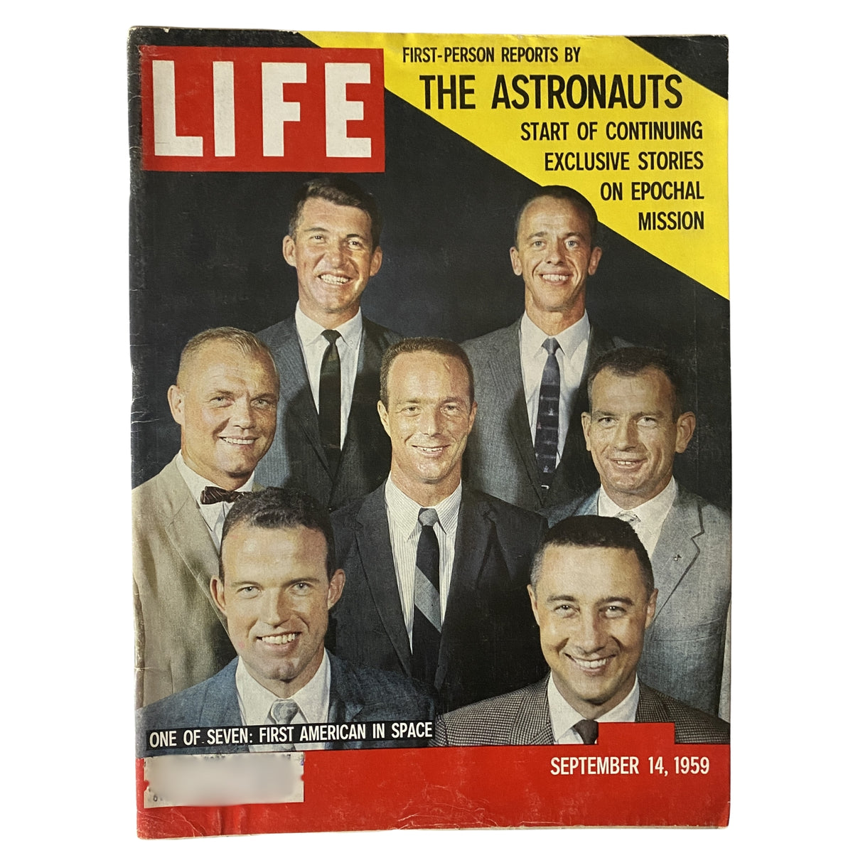 Cover of Life Magazine from September 14, 1959, featuring The Astronauts at Langley Air Force Base with seven astronauts in formal attire, highlighting the start of exclusive stories on their monumental mission.